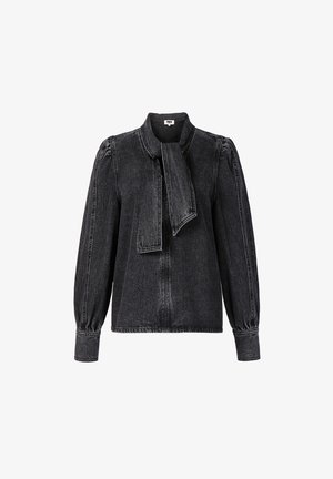 Schwarze gewaschene Jeansbluse mit langen Ärmeln, gepufften Schultern und einer vorderen Krawattenhalsdetails.