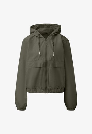 Lichtgewicht olijfgroene jas met capuchon, voorzien van een rits aan de voorkant, verstelbare trekkoorden, elastische manchetten en zoom.