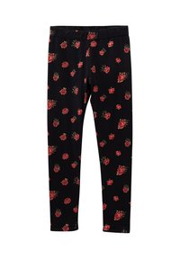 Leggings neri con un motivo di rose ripetuto in rosso e verde. Realizzati in un tessuto morbido e elastico con una vita elasticizzata.