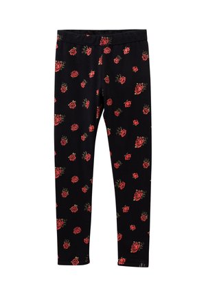 Leggings noirs avec un motif de roses répétées en rouge et vert. Fabriqués dans un tissu doux et extensible avec une taille élastique.