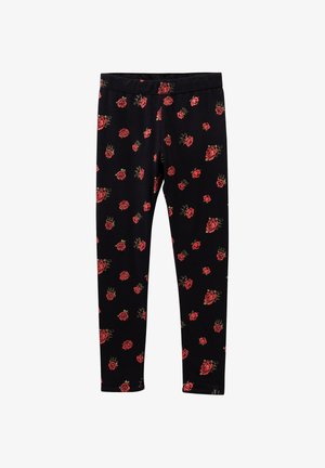 Zwarte leggings met een herhalend rozenpatroon in rood en groen. Gemaakt van een zachte, rekbare stof met een elastische tailleband.