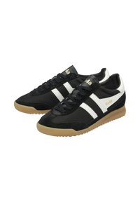 Black sneakers featuring a combination of nylon and suede materials, white stripes, gum rubber sole, and gold "Gola" branding.