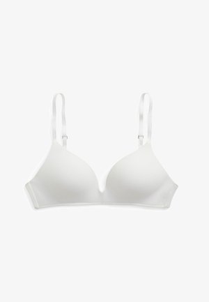 White, padded triangle bra with adjustable straps, a seamless design, and a hook-and-eye closure. Smooth texture, no patterns or accents.
