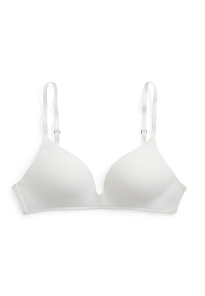 Reggiseno triangolare bianco imbottito con spalline regolabili, design senza cuciture e chiusura a gancio. Texture liscia, senza fantasie né accenti.