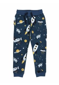 Dunkelblaue Jogginghosen aus Baumwollmischung mit einem Weltraummotiv, das Astronauten, Raketen, Planeten und Sterne zeigt. Elastischer Bund mit Kordelzug.
