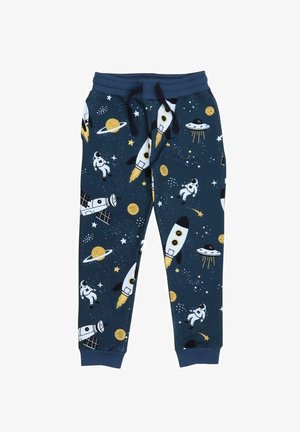 Dunkelblaue Jogginghosen aus Baumwollmischung mit einem Weltraummotiv, das Astronauten, Raketen, Planeten und Sterne zeigt. Elastischer Bund mit Kordelzug.
