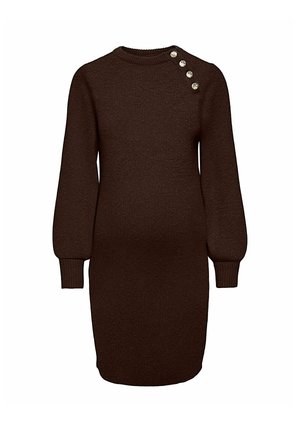 Robe en maille marron foncé à manches longues avec poignets côtelés et quatre boutons décoratifs sur l'épaule gauche.
