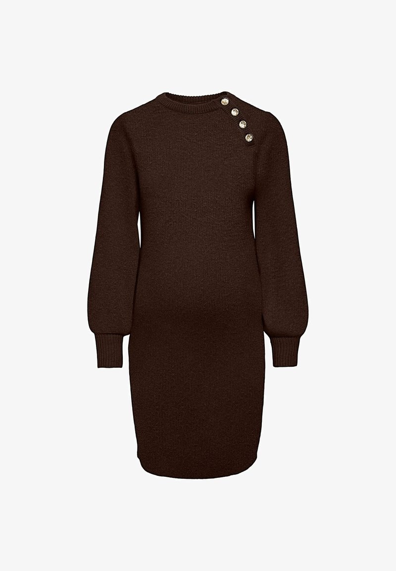 Robe en maille marron foncé à manches longues avec poignets côtelés et quatre boutons décoratifs sur l'épaule gauche.