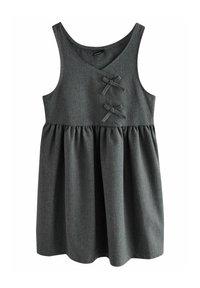 Robe sans manches grise en tissu texturé, avec une jupe évasée et deux petits nœuds en accent à l'avant. Design simple à encolure en V.