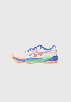 Athletic shoes with a white mesh upper, blue accents, and a colorful sole featuring green and orange. Notable logo on the side.