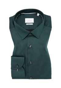 Camicia da uomo slim-fit di colore verde scuro, realizzata in tessuto liscio, con colletto classico, bottoni neri e polsini pieghevoli. Marca: Eterna.