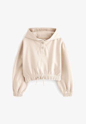 Beżowa krótka bluza z kapturem z długimi rękawami, elastycznymi mankietami, dwoma guzikami przy dekolcie oraz regulowanym sznurkiem u dołu.