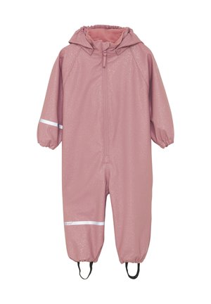 Rosa wasserdichter Regenanzug mit funkelndem Finish, elastischen Bündchen und Kapuze. Verfügt über reflektierende Streifen und verstellbare Fußriemen.
