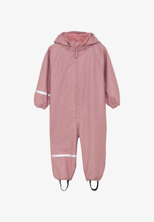 Pink waterproof rain suit with sparkly finish, elasticated cuffs, and a hood. Features reflective stripes and adjustable foot straps.