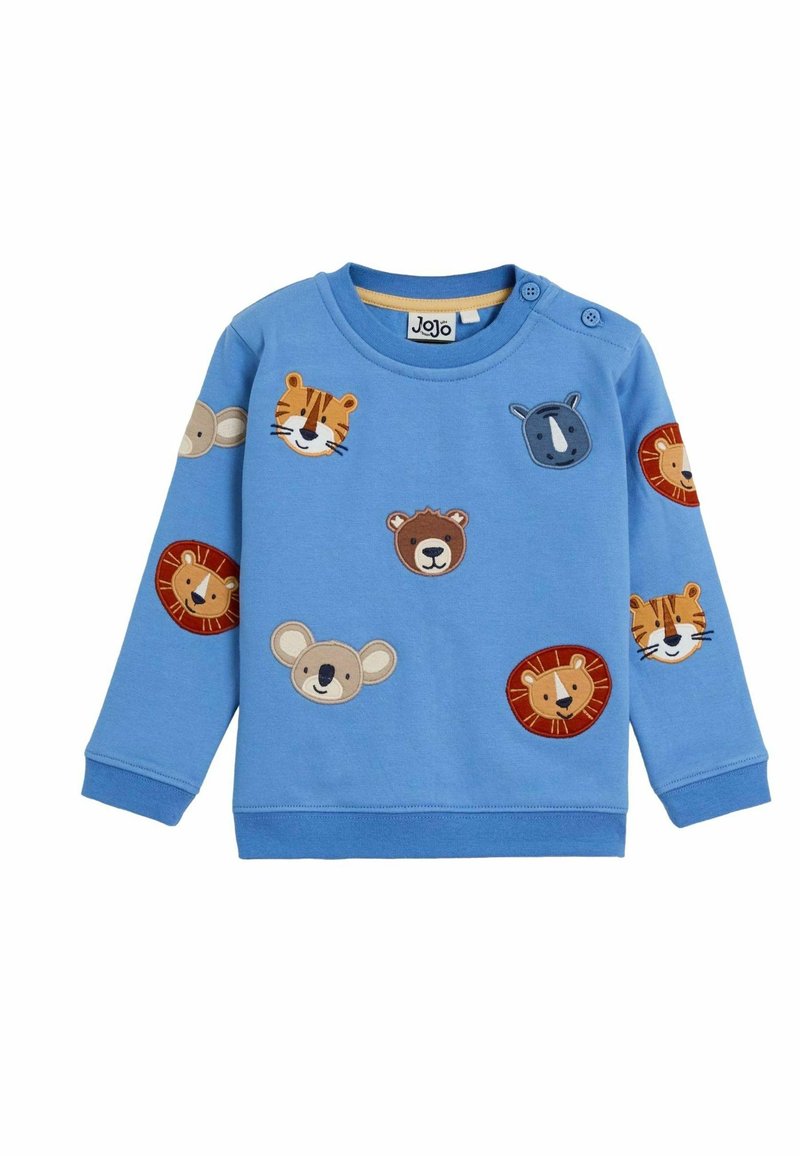 Felpa blu di cotone con diverse applicazioni di facce di animali, tra cui una tigre, un leone, un koala e un orso, e dettaglio con bottoni a pressione sulla spalla.