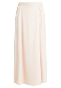 Světle růžová dlouhá sukně vyrobená z hladkého materiálu, s volnějším střihem, obsahující boční kapsy a jednoduchý design pasu.