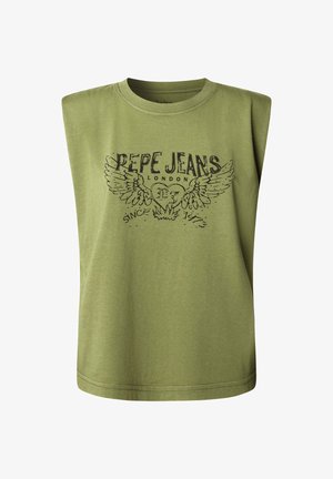 Oliwkowy bezrękawnik z bawełny, z nadrukowanym wzorem z skrzydłami i tekstem, okrągłym dekoltem i prostym wykończeniem.