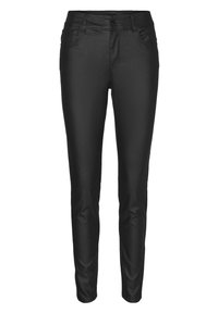 Čierne slim-fit nohavice vyrobené z hladkej, elastickej látky. Obsahujú päť vreciek, predné zapínanie na gombík a jemné švy.