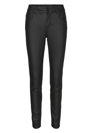 Zwarte slim-fit broek gemaakt van zachte, rekbare stof. Beschikt over vijf zakken, een sluiting met voorknoop en subtiele stiksels.