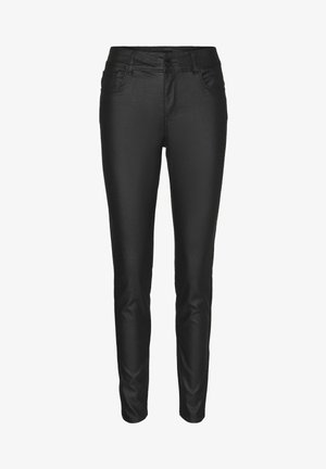 Zwarte slim-fit broek gemaakt van zachte, rekbare stof. Beschikt over vijf zakken, een sluiting met voorknoop en subtiele stiksels.