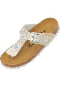 Sandal a infradito con stampa leopardata bianca e oro, dotata di un toe post, fibbia metallica regolabile e una soletta in sughero su una suola bianca texturizzata.