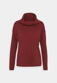 Burgundy pitkähihaine paita, jossa on korkea kauluskotelo, valmistettu pehmeästä materiaalista, rento malli ja ommellut hihansuut. Ei kuvioita tai yksityiskohtia.