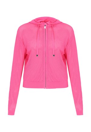 Lyserød mesh-zip-hoodie med lange ærmer og snore, der har ribkanter ved kant og ærmer.