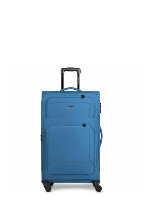 Valise souple bleue avec quatre roues pivotantes, une poignée télescopique, des poches zippées à l'avant et une poignée latérale.