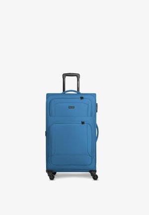 Blaue, weichseitige Reisetasche mit vier Drehrollen, einem Teleskopgriff, vorderen Reißverschlusstaschen und seitlichem Tragegriff.