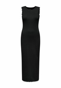 Czarna, bezrękawnikowa sukienka maxi o dopasowanym kroju, wykonana z gładkiego materiału, z falbaniastymi krawędziami przy ramionach i u dołu.