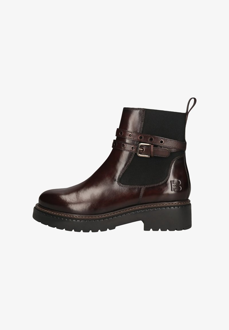 Braune Leder-Stiefeletten mit runder Zehenform, elastischen Seitenpaneelen, verstellbarem Schnallenriemen und einer strukturierten Gummisohle.