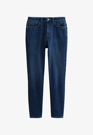Dunkelblaue Jeans aus Denim mit einer schmalen Passform, fünf Taschen und einem Reißverschluss mit einer Knopfverschlüsse vorne. Weicher Textur mit minimaler Ausbleichung.