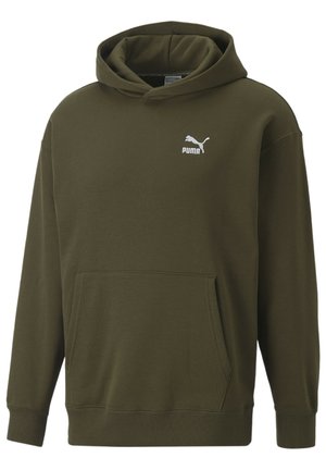 Olivgrüner Kapuzenpullover aus weichem Stoff. Verfügt über eine vordere Kängurutasche und das weiße Puma-Logo auf der Brust.