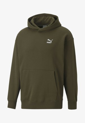 Olivgrüner Kapuzenpullover aus weichem Stoff. Verfügt über eine vordere Kängurutasche und das weiße Puma-Logo auf der Brust.