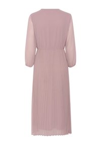 Pleaed pink dress with long semi-sheer sleeves and pleated skirt, cinched at the waist, featuring a smooth back.