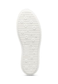 Suola di scarpa in gomma bianca con un motivo testurizzato caratterizzato da forme circolari e ovali, bordato da bordi seghettati. Dettagli del logo incisi presenti.