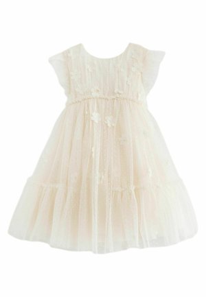 Robe en tulle crème pour fille avec manches volantes, appliques florales et jupe à volants, adaptée aux occasions formelles.
