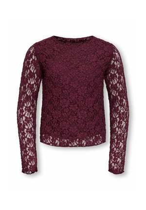 Blouse en dentelle bordeaux à manches longues avec motif floral et col rond, avec un design semi-transparent sur les manches et le corps.