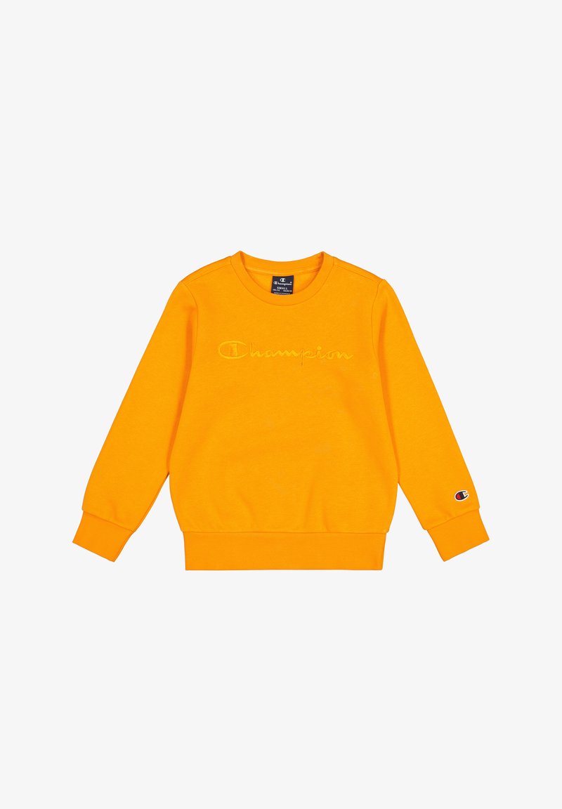 Sweatshirt en coton orange avec des manches longues, des poignets et un col côtelés. Présente un logo "Champion" brodé sur le devant et un patch logo sur la manche.