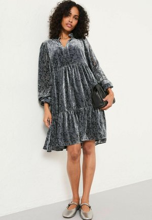 Graues Samtkleid mit einem gestuften Design, langenÄrmeln und einem Kragen. Es hat ein florales Muster und wird mit einer kleinen schwarzen Handtasche kombiniert.