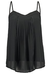 Svart plisserad linne med tunna band, tillverkat av lättviktigt material, med v-ringning och en lös passform.