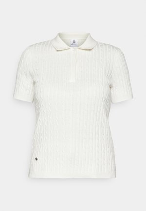 Biela polokošela s krátkym rukávom vyrobená z textúrovanej pletenej látky. Má klasický golier a gombíkovú lég, s malým detailom loga.