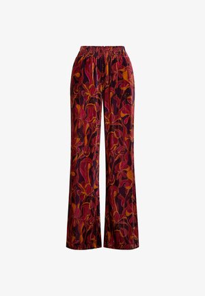 Floral weit geschnittene Hose in tiefroten und orangenen Farbtönen, mit einem gerafften Bund und fließendem Stoff mit strukturierter Oberfläche.