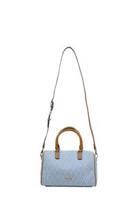 Blauw handtasje met patroon, bruine leren handvatten en een afneembare schouderriem. Voorzien van een ritssluiting en een gouden logo aan de voorkant.