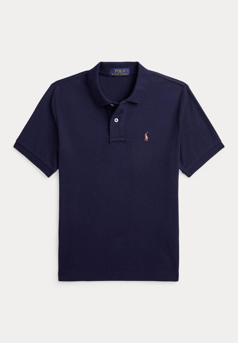 Polo blu navy a maniche corte con colletto, due bottoni e un piccolo logo ricamato di un cavallo sul petto sinistro.