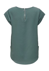 Blouse sans manches en teal avec un tissu texturé, ourlet arrondi et une courte fermeture éclair en argent à l'arrière supérieur.