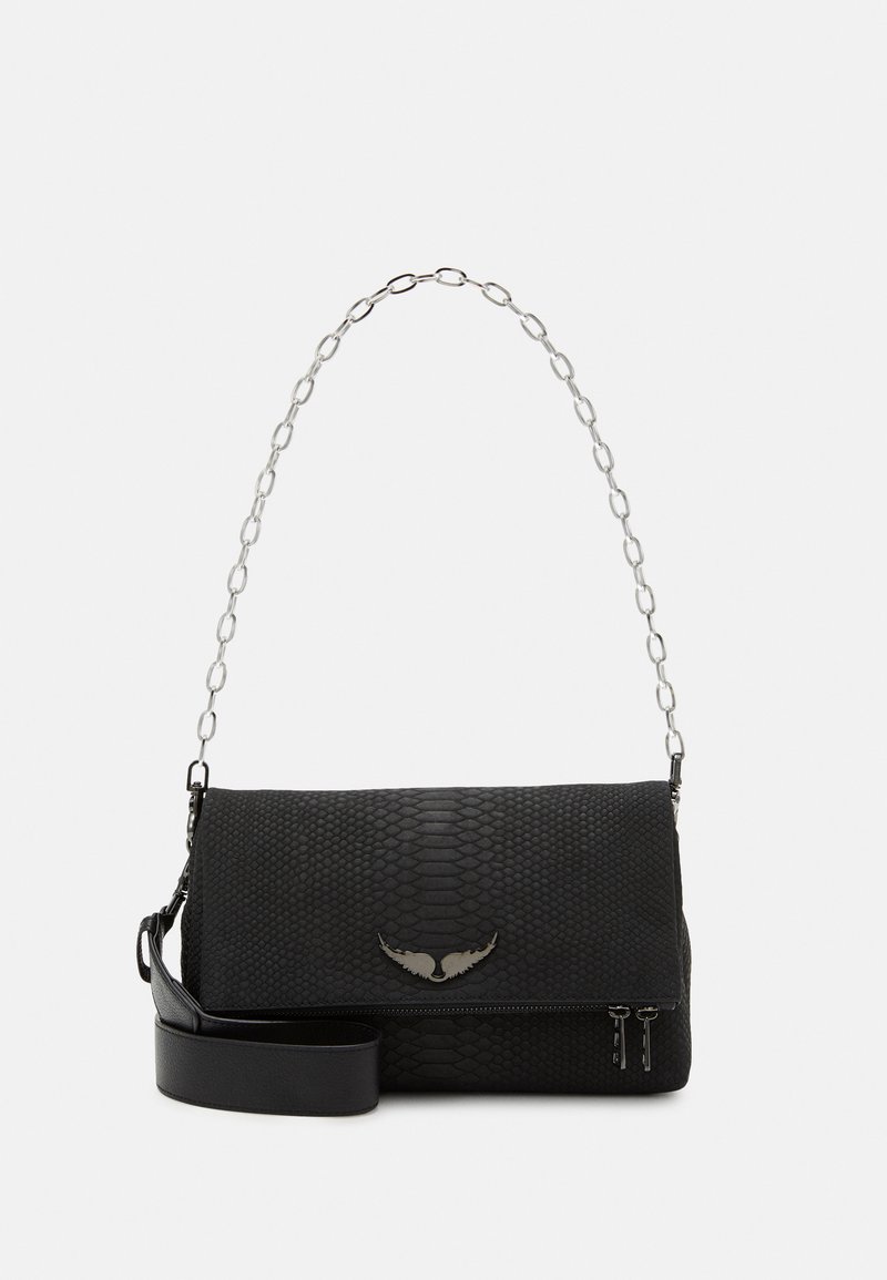 Black handbag with a textured, snake-skin pattern. Features a silver chain strap and a logo detail. Includes a zip pocket on the side.