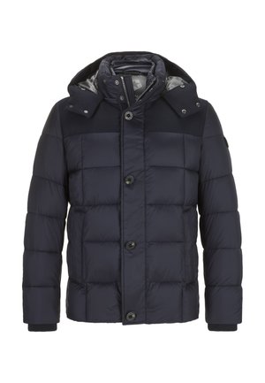 Navy puffer jacket with a quilted design, front buttons, and a hood. Material features smooth fabric with a textured shoulder panel.