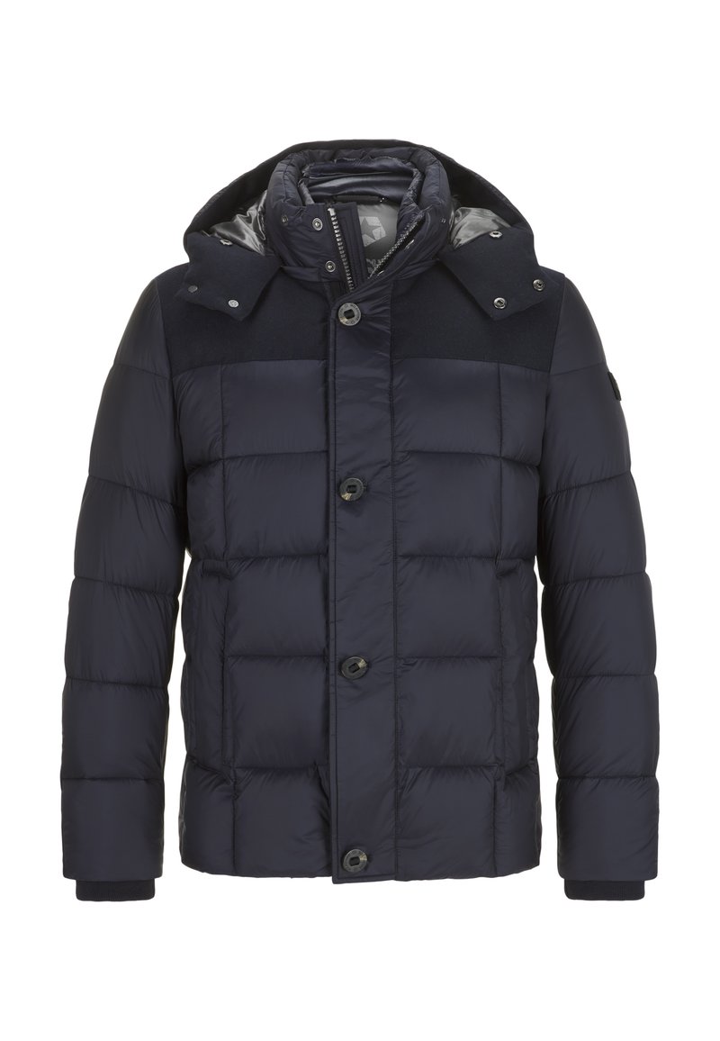 Marineblaue Steppjacke mit gestepptem Design, Knöpfen auf der Vorderseite und Kapuze. Das Material besteht aus glattem Stoff mit einem strukturierten Schulterbereich.