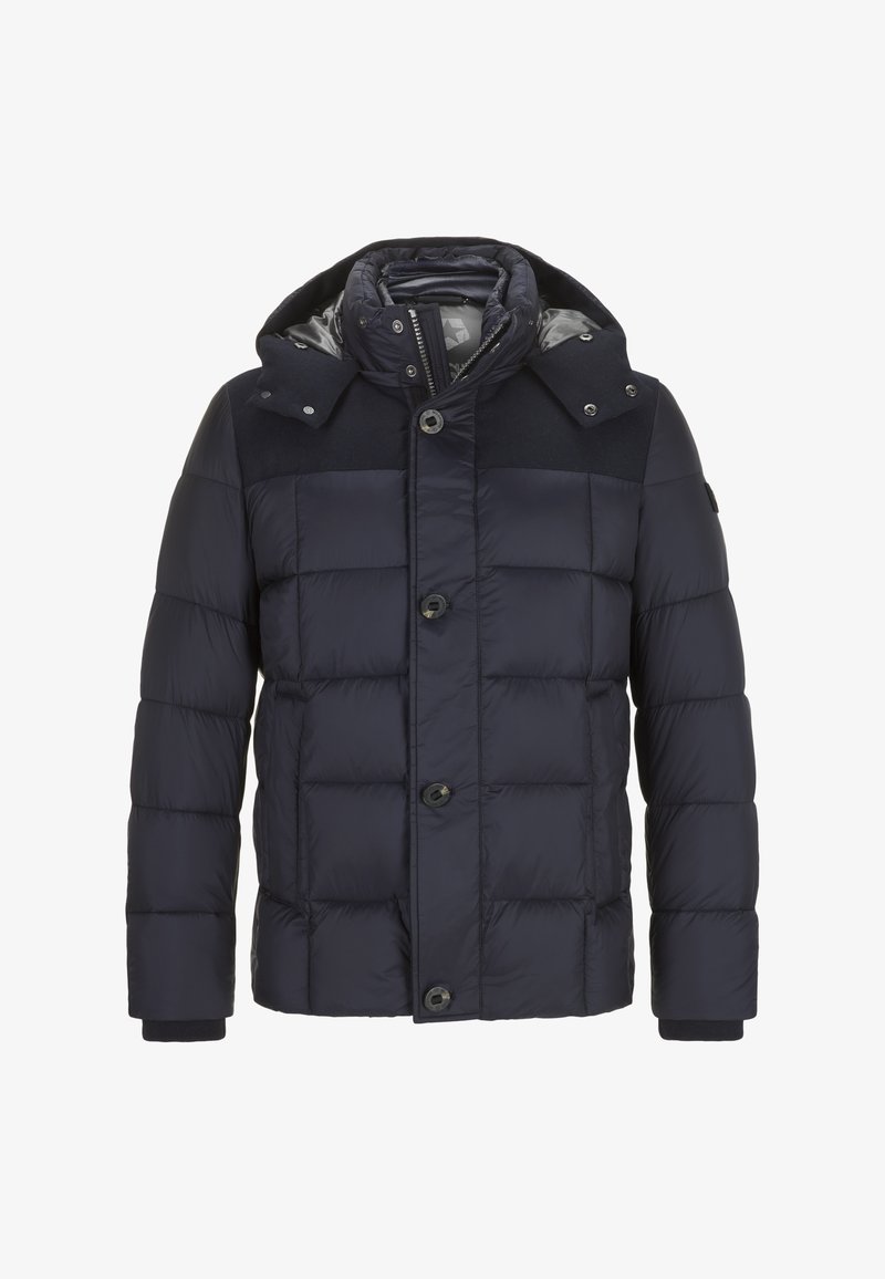 Marineblaue Steppjacke mit gestepptem Design, Knöpfen auf der Vorderseite und Kapuze. Das Material besteht aus glattem Stoff mit einem strukturierten Schulterbereich.